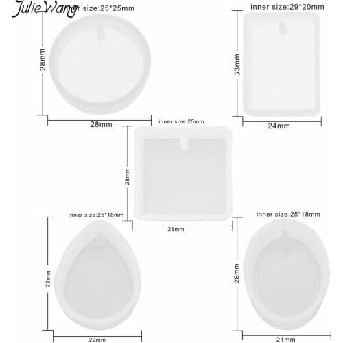 Julie Wang 5pcs Geometry Shape With Hole Silicone Mold Oval Round Square Casting Charm Molds DIY Pendant Necklace Jewelry Tools