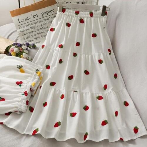 Summer Skirts Womens 2021 New Vintage Strawberry Print A-line Skirt Elastic High Waist Casual Midi Skirt Women Clothes Jupe