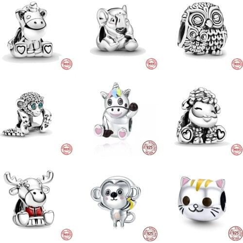 Cute Unicorn Monkey Sheep Owl Elk Bead fit original Pandora Charms Silver 925 Bracelet for Women Diy Jewelry Making