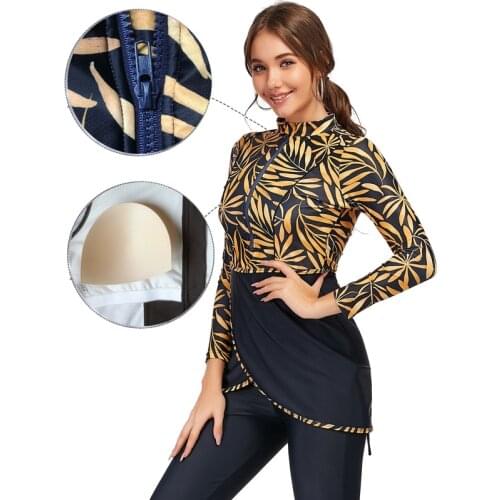 Muslim Swimwear Women Modest Patchwork Hijab Long Sleeves Sport Swimsuit 3pcs Islamic Burkinis Wear Bathing Suit 2021