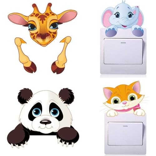 Cartoon Animals Switch Stickers Cute Elephant Kitten Panda Giraffe PVC On-Off Switch Wall Sticker Decals Children Room DIY Decor