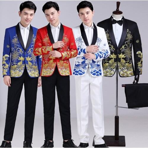 New Suits MenS Singers Perform Stage Show Embroidered Flower Chinese Style Wedding Suit Costume Homme Mariage Men Suit SL1608