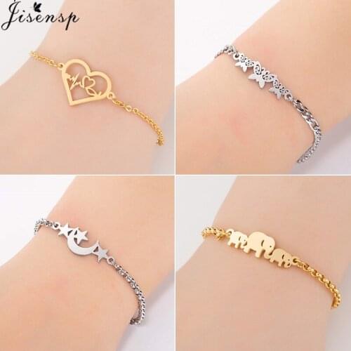 Jisensp Charm Stainless Steel Butterfly Bracelets for Women Everyday Jewelry Armband Lucky Elephant Chain Bracelet Femme Gifts