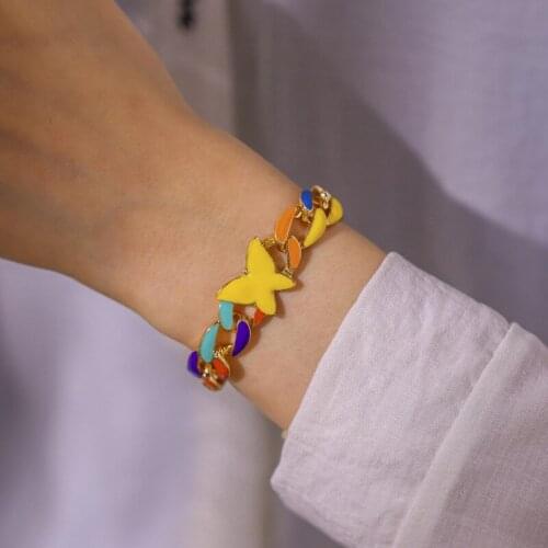 Charming rainbow Enamel butterfly bracelets for women candy color wide chunky curb chain simulation wing bracelet accessories