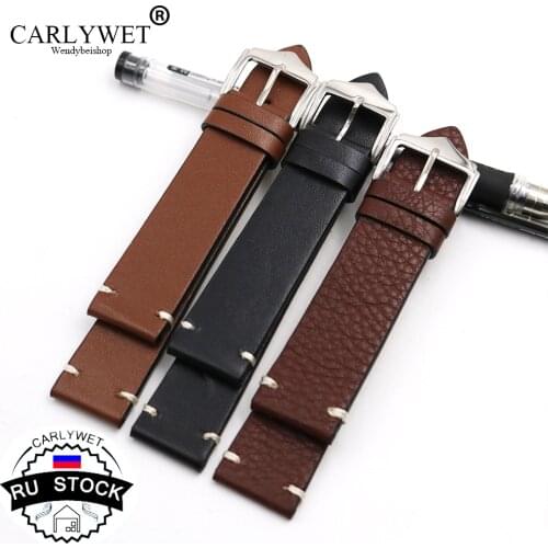 CARLYWET RU STOCK 20 22 24mm Cowhide Smooth Vintage Leather Black Brown Replacement Watch Band For Daytona Submariner Omega Tag