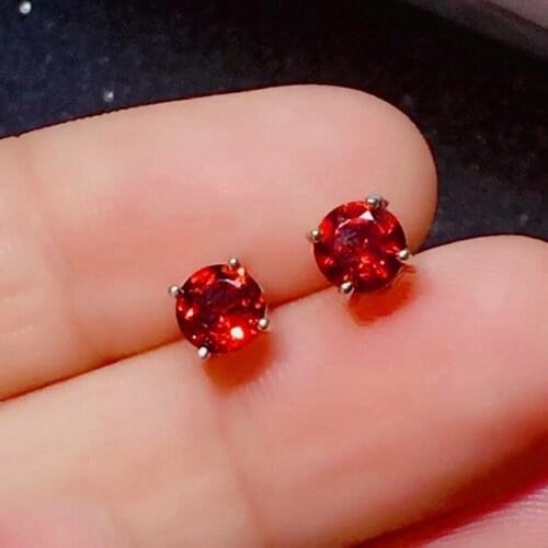 Simple 925 Silver Gemstone Stud Earrings 5mm 100% Natural Garnet Earrings for Daily Wear Sterling Silver Garnet Jewelry