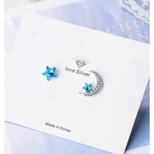 Blue Star Moon Asymmetry Stud Earrings New Creative Korea Stud Earrings Womens Sterling Silver Stud Earrings Wholesale