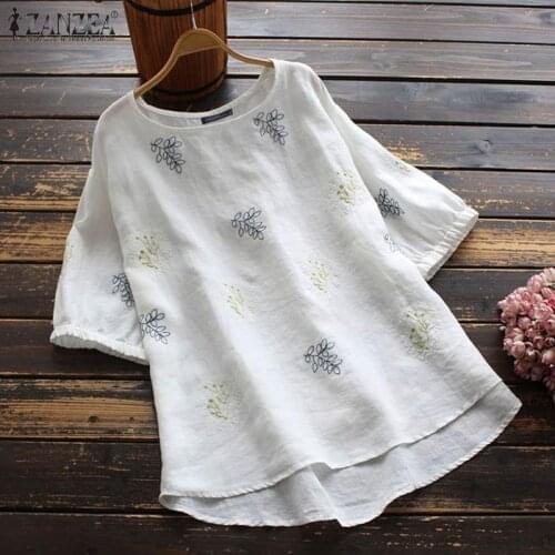 ZANZEA 2021 Vintage Summer Tops Womens Embroidery Blouses Short Sleeve Floral Blusa Female O Neck Casual Cotton Tunic Plus Size