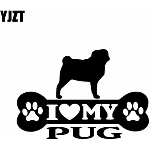 YJZT 14.9X10.2CM I Love My Pug Bone Car Sticker Pug Dog Vinyl Decal Art Decor Black/Silver C24-1525