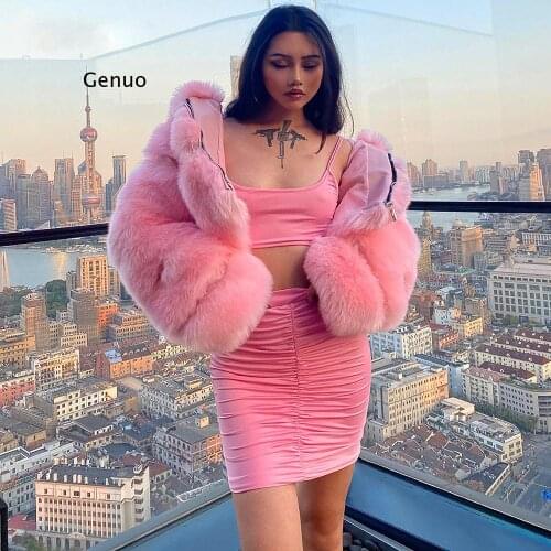 Winter New Fashion Women Pink Short Faux Fur Coat Female Hooded Long Sleeve Thick Warm Fluffy Artificial Fur Jacket