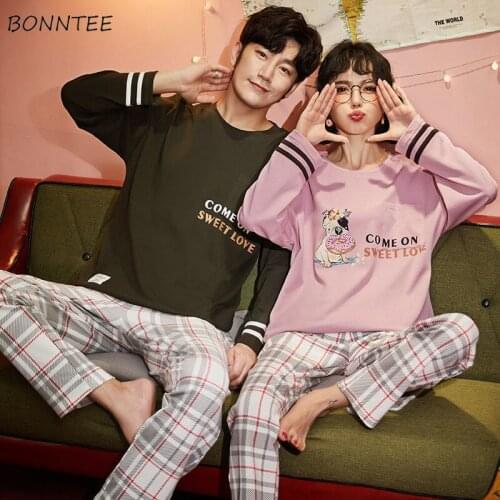 Women Pajama Sets Sleepwear Couples Printed Cotton Round Neck Long Sleeve Cartoon Lovely Loose Home Korean Lounge Pyjamas Casual