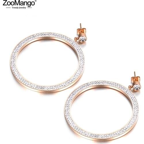 ZooMango Hyperbole Big Circle CZ Crystals Earrings For Women Stainless Steel Jewelry Bijoux Brincos Pendientes Mujer ZE18083