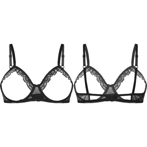 Ladies Women Open Cup Bra Erotic See Through Sheer Mesh Lingerie Spaghetti Shoulder Straps Bare Breast Ruffle Underwire Bra Top