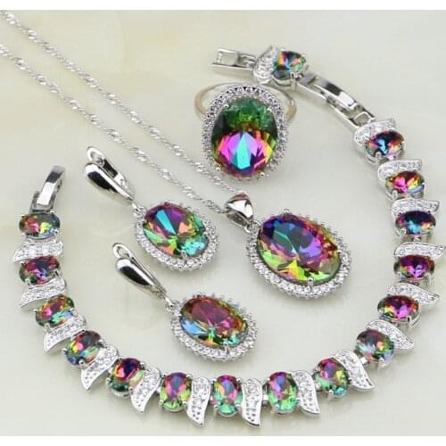 Mystic Rainbow Fire Stones White CZ Jewelry Sets for Women 925 Silver Jewelry Wedding Earrings/Pendant/Necklace/Rings/Bracelet
