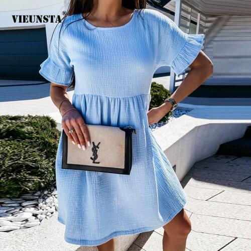 New Summer O Neck Solid Cotton Soft Dress Elegant Butterfly Sleeve Casual Mini Dress Women Sexy Ruffle Beach Party Dress Vestido