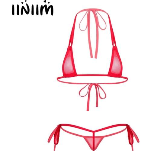 Womens Sissy Lingerie Sets Hollow Out Ladies Femme Underwear See-through Mesh Strappy Micro Bikini Set Triangle Swimwear Bikinis