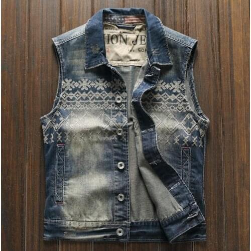 Vest Mens Denim Fashion Blue Cowboy Slim Vintage Sleeveless Jackets Snowflake Embroidery Turndown Collar waistcoat Tank Top
