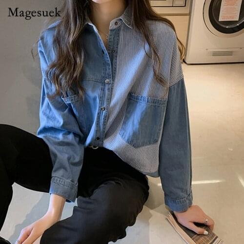 2021 Spring New Loose Korean Plus Size Blouse Camisa Jeans Feminina Shirt Cotton Female Long Sleeve Womens Denim Shirt 7256 50