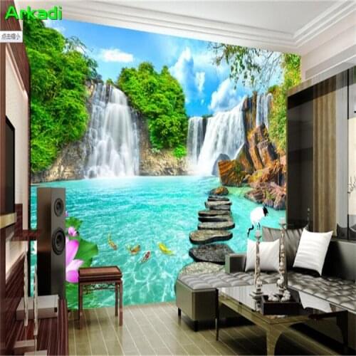 3D Landscape Waterfall TV Backgrounds Living Room Office Bedroom Sofa Backgrounds Wooden Bridge Landscape Wallpaper Mural