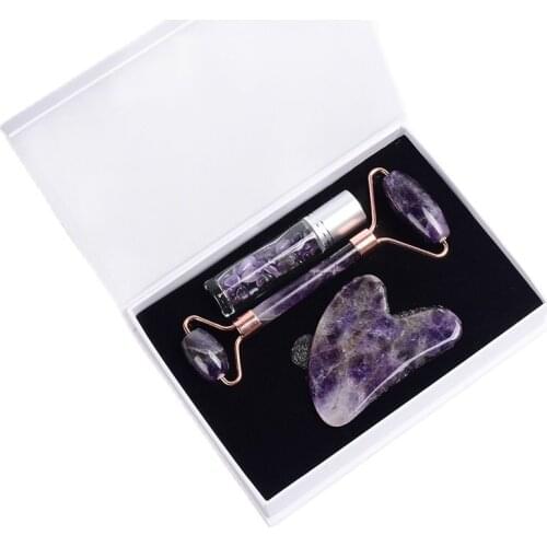 Amethyst Face Roller Gua Sha Tool Chip Stone Bottle 3 PCS/Set Facial Eye Care Massager Natural Stone Healing Massage Health Body