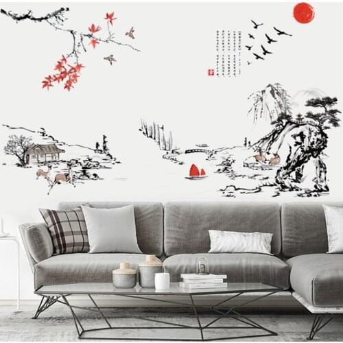 Ink painting landscape rural scenery wall sticker PVC Material DIY wall decal for Living room sofa background wall decor sticker