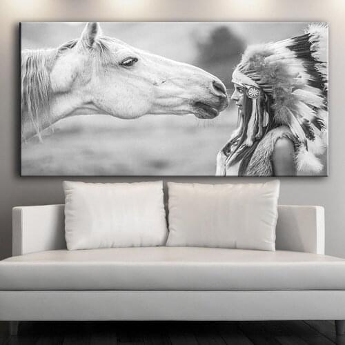 Black White Minimalist Indian Girl and Horse Decorative Painting Poster Wall Art Canvas Printings Wall Pictures for Living Room