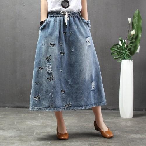 Summer Cartoon Embroidery Midi Denim Skirt Women Ripped Vintage Casual Plus Size Distress Elastic High Waist Jeans Skirts Female