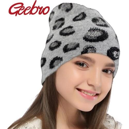 Geebro Fashion Winter Women Leopard Printed Rhinestone Knitting Hat 2019 Autumn and Winter New Crochet Warm Skullies Unisex Caps