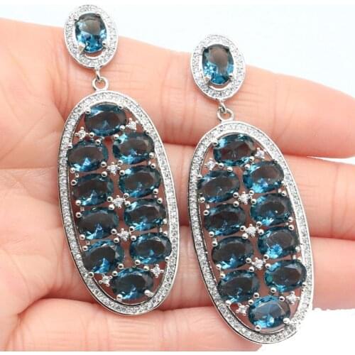 49x20mm Anniversary 9.1g Paris Blue Topaz White CZ Bride Engagement 925 Sterling Silver Dangle Earrings