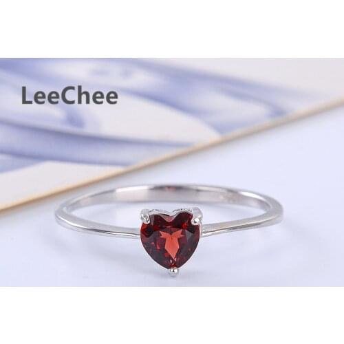 LeeChee 100% Natural Garnet Ring 925 Sterling Silver WineRed Gemstone FineJewelry for Women Gift 0.5ct Birthstone Heart-Shaped
