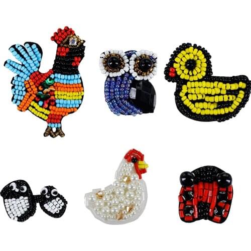 20pieces Handmade Beaded Rhinestones Patches Hen Cock Duck Owl Penguin Insect Applique Small Animal Motifs Badge Sewing Supplies