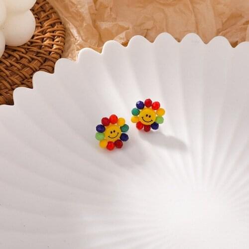 Origin Summer Contrast Color Sun Flower Smile Face Stud Earring for Women Girls Exquisite Crystal Multicolor Earring Jewelry
