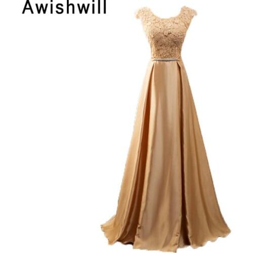 Real Picture Cap Sleeve Lace Satin With Bow Floor Length Slim Evening Formal Dress for Women Long Elegant Gold Evening Gowns