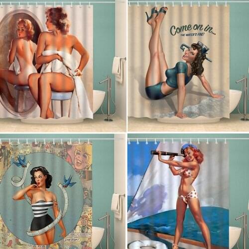 Classic American Girl Bathroom Curtain 3D Printed Sexy Woman Shower Curtains with 12 Hooks Waterproof Polyester Fabric Washable
