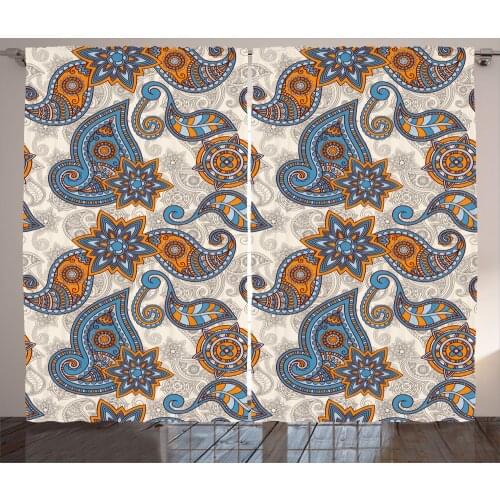 Boho Paisley Art Curtains Vintage Floral Orange Blue Satin Fabric Drapes for Living Room Bedroom 2 Panel Window Set