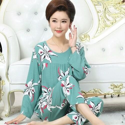 Spring And Summer Mother Pajamas Long-Sleeved Cotton And Linen Suit Middle-Aged And Elderly Cotton Silk Plus Size Thin Nighties