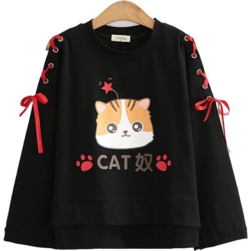 Women Sweatshirt Harakuju Cat Print Lace Up Cute Hoodies 2020 Autumn Flare Sleeve O-neck Cotton Pullover Sweet Style Female Tops