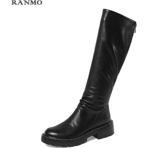 Elegant Fashion Winter Newest Knee High Boots Genuine Leather Round Toe Thick Heels Pumps 2021 Party Shoes Woman Platform Shoes