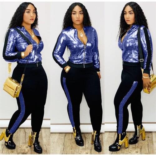 Autumn Winter Sequin 2 Piece Set Women Tracksuit Long Sleeve Jacket Top Pants Suit Streetwear Sparkly Matching Sets Club Outfits