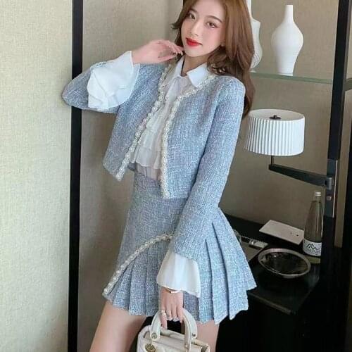 New Fall Winter Tweed 2 Piece Set Chic Women Beading Blue Short Jacket + Chiffon Ruffles Shirt + Woolen Mini Pleated Skirt Suit