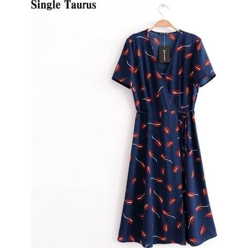 Sapphire Blue Dress Women High Waist V Neck Cross Side Strap Beach Summer Dress Short Sleeve Print Ladies Elegant Dress Sukienki