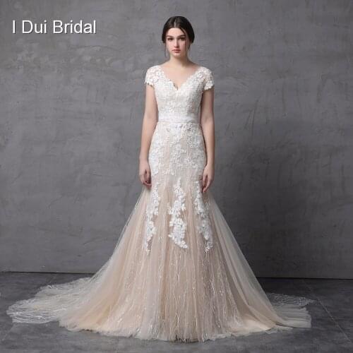 Short Sleeve V Neckline Mermaid Wedding Dress Champagne with Floral Lace Illusion Back