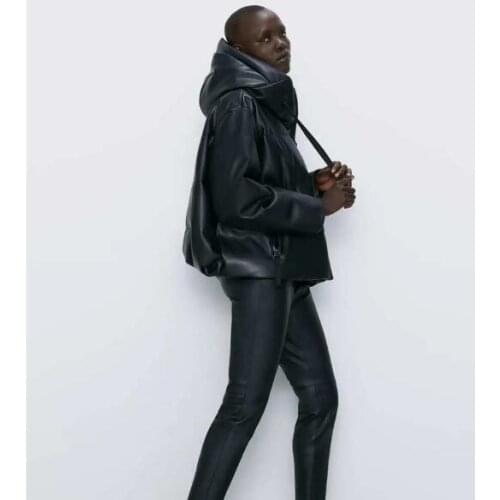 1pcs/lot Hooded Faux Leather winter coat Women Fashion PU Leather Coat Women Elegant Zipper Cotton back outwear