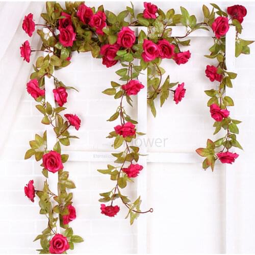 220 cm17 Flower head Silk Rose Wedding Decorations Ivy Vine Artificial Flowers Arch Decor with Green Leaves Hanging Wall Garland