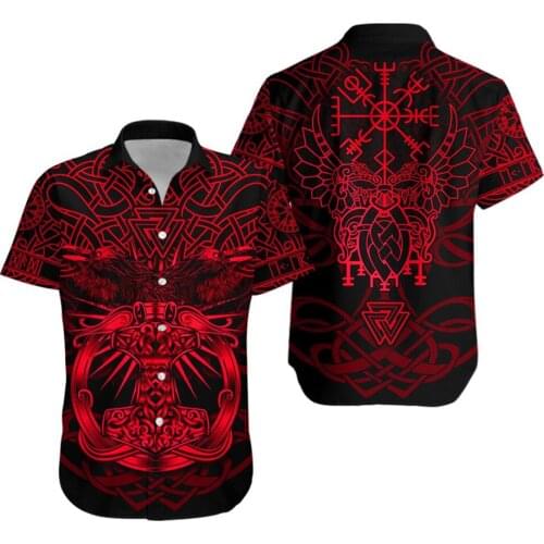 2021 Summer 3D Printed Hawaiian Shirt Mens Fashion Short sleeve Shirts Viking Mjolnir Raven Red Harajuku Casual Shirt
