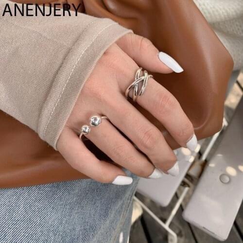 ANENJERY 925 Sterling Silver Double Round Ball Cross Twining Smooth Line Ring Open Finger Ring For Women Jewelry Gifts S-R694