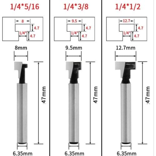 Woodworking milling cutter 1 / 4 handle keyhole cutter wood photo frame hanging wall T-type keyhole cutter 3-piece set 5 / 16 3