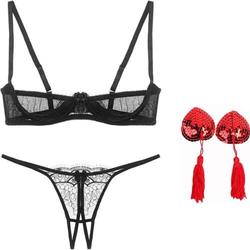 Lace Embroidery Push Up Bra Panty Sets Nipple Cover Women Sex Lingerie Open Chest Crotchless Bra Panties Adult Sexy Underwear