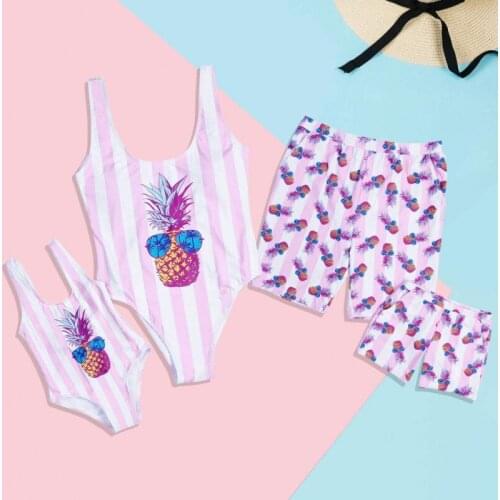 Family Look Mother Daughter Bikini Swimsuits Family Matching Pinapple Clothes Father Son Swimwear Shorts Beach wear QZ19007
