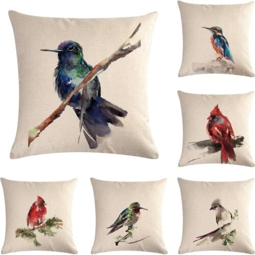 Fashion High Quality Cotton Linen Colourful Ink Painting Birds Cushion Cover Car Decorative Throw Pillow Case Sofa Home Decor